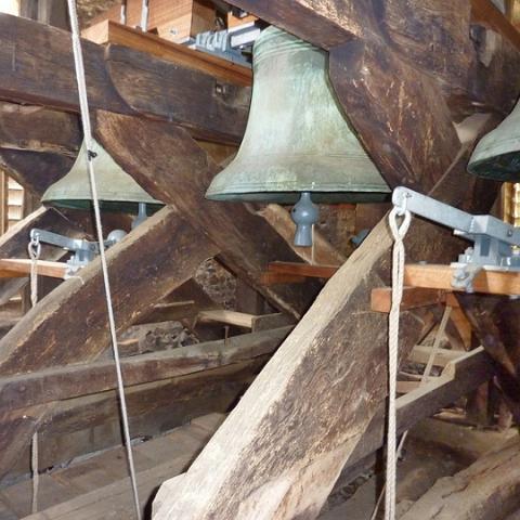 The bells, St James church. It's possible that there were more than three originally. The treble (on the left) was made by John Briant of Hertford in 1790. Photo 2010.