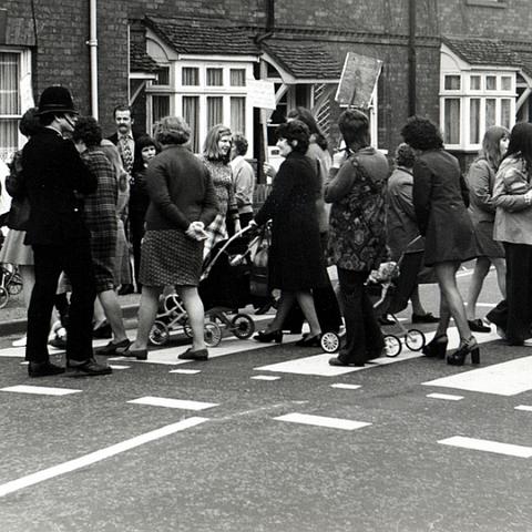 Demonstration for a bypass for Stanstead Abbotts. Lots of these people still live in the village. Photo April 1975. The bypass finally opened in 1987.