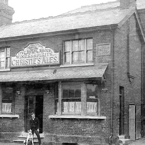 Five Horseshoes. Roydon Road. No known details of gentleman or his dog.