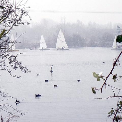 Sailing on the lake in freezing conditions. Marsh Lane. January 2013